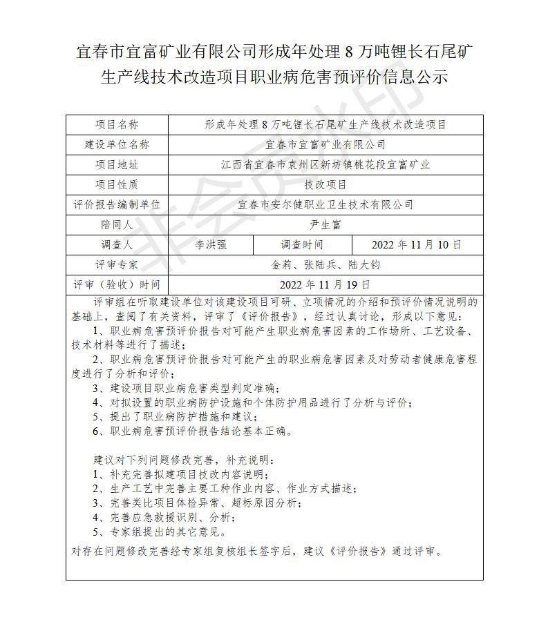 1671433371854111.jpg 宜春市宜富礦業(yè)有限公司形成年處理8萬噸鋰長石尾礦生產(chǎn)線技術(shù)改造項目  職業(yè)病危害預(yù)評價信息公示_01.jpg