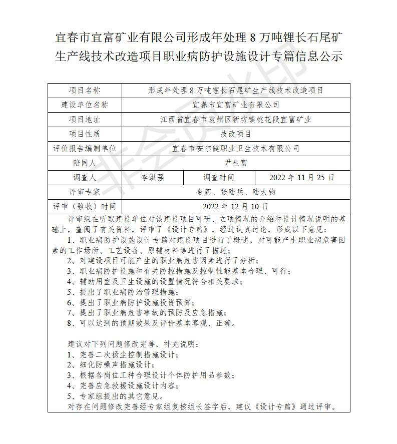 1671433404407145.jpg 宜春市宜富礦業(yè)有限公司形成年處理8萬噸鋰長石尾礦生產(chǎn)線技術(shù)改造項目  職業(yè)病防護(hù)設(shè)施三同時工作公示信息(設(shè)計)_01.jpg