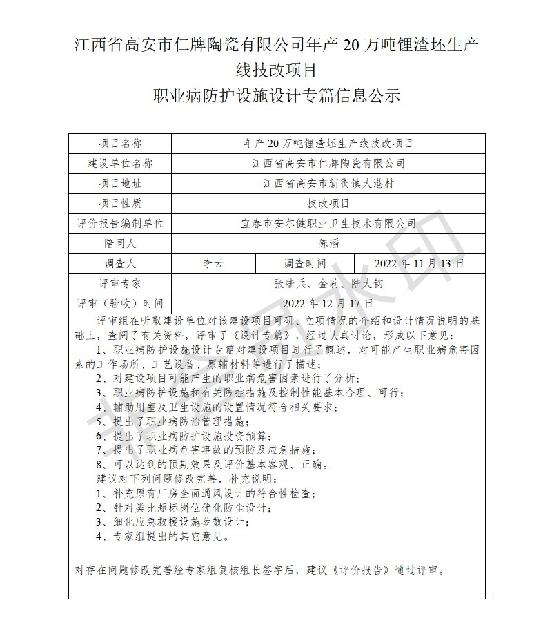 1672043045792251.jpg 江西省高安市仁牌陶瓷有限公司年產(chǎn)20萬噸鋰渣坯生產(chǎn)線技改項(xiàng)目職業(yè)病防護(hù)設(shè)施設(shè)計(jì)專篇信息公示.jpg