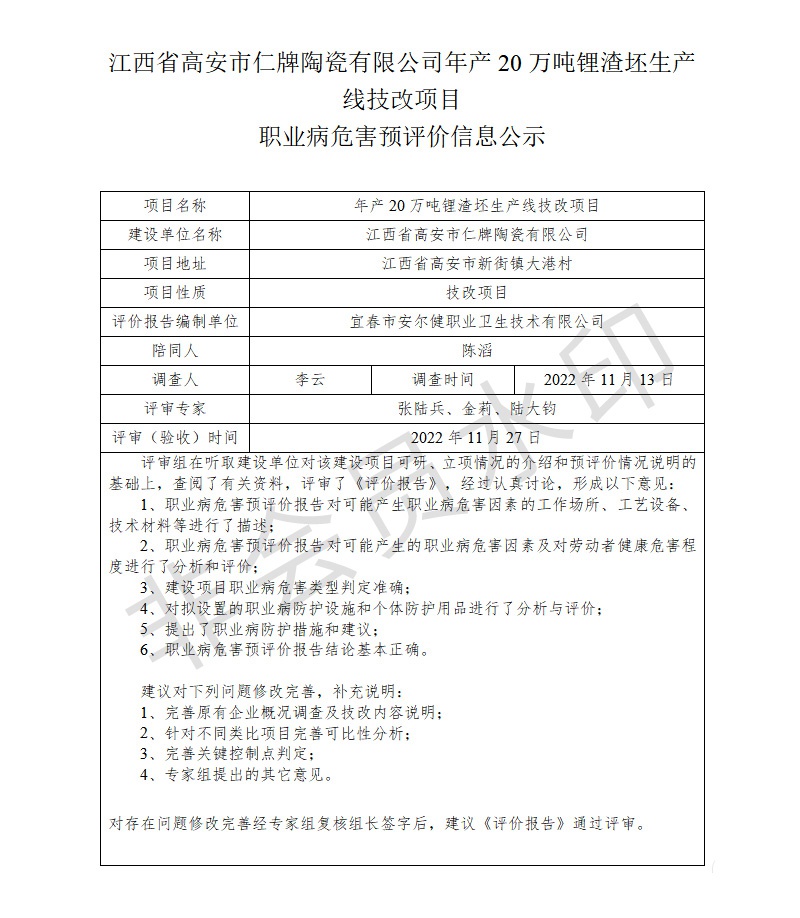 1672043059436794.jpg 江西省高安市仁牌陶瓷有限公司年產(chǎn)20萬噸鋰渣坯生產(chǎn)線技改項(xiàng)目職業(yè)病危害預(yù)評價信息公示.jpg