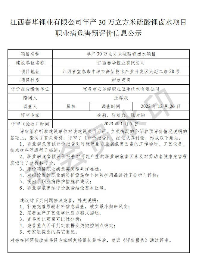 1673253552983350.jpg 江西春華鋰業(yè)有限公司年產(chǎn)30萬立方米硫酸鋰鹵水項(xiàng)目職業(yè)病危害預(yù)評(píng)價(jià)信息公示.jpg