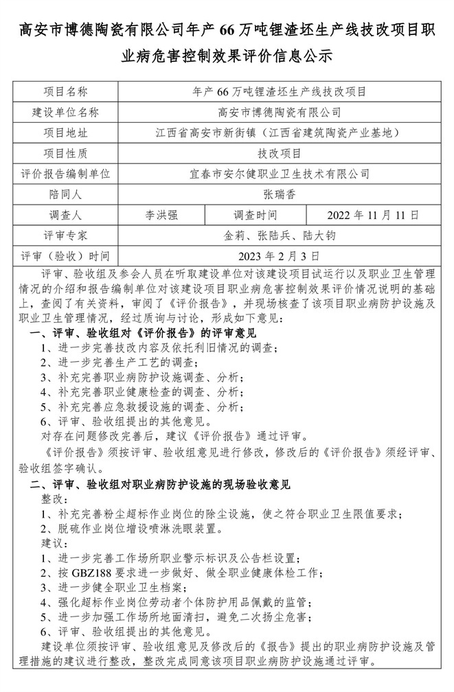 1675667278476055.jpg 高安市博德陶瓷有限公司年產(chǎn)66萬(wàn)噸鋰渣坯生產(chǎn)線技改項(xiàng)目 建設(shè)項(xiàng)目職業(yè)病危害控制效果評(píng)價(jià)信息公示-1.jpg