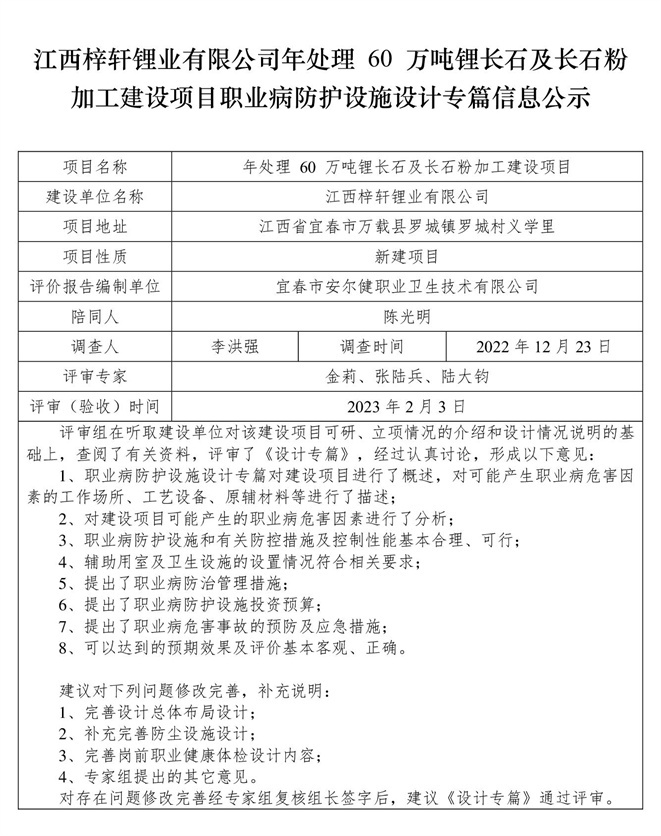 1675667396933894.jpg 江西梓軒鋰業(yè)有限公司-年處理 60 萬噸鋰長石及長石粉加工建設項目  職業(yè)病防護設施三同時工作公示信息(設計).jpg