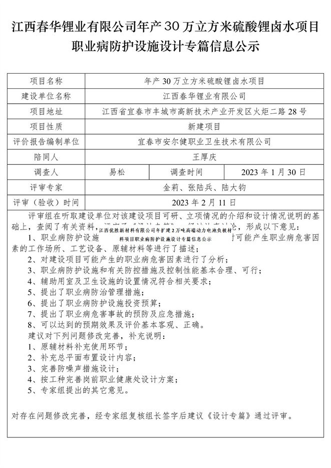1676366248492125.jpg 江西春華鋰業(yè)有限公司年產(chǎn)30萬立方米硫酸鋰鹵水項目職業(yè)病防護設(shè)施設(shè)計專篇信息公示.jpg