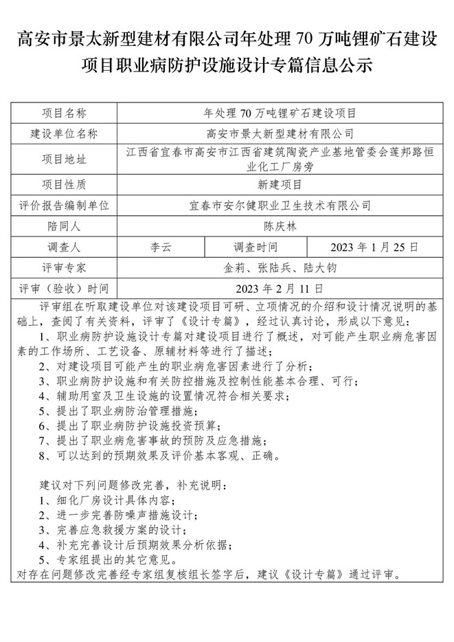 1676366256292997.jpg 高安市景太新型建材有限公司-年處理70萬噸鋰礦石建設(shè)項(xiàng)目  職業(yè)病防護(hù)設(shè)施三同時(shí)工作公示信息(設(shè)計(jì)).jpg