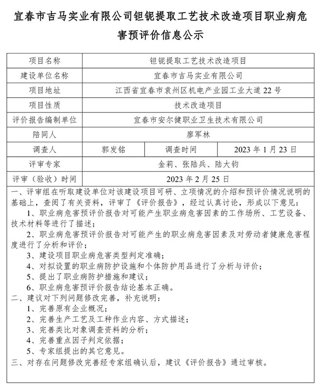 1679975601837774.jpg 宜春市吉馬實業(yè)有限公司鉭鈮提取工藝技術(shù)改造項目職業(yè)病危害預(yù)評價信息公示.jpg