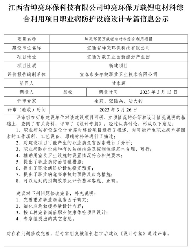 1679975669794114.jpg 江西省坤亮環(huán)保科技有限公司坤亮環(huán)保萬載鋰電材料綜合利用項目職業(yè)病防護設(shè)施設(shè)計專篇信息公示.jpg